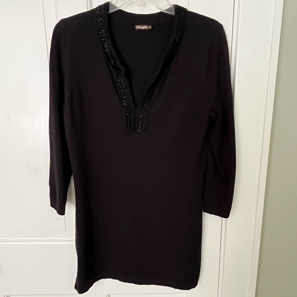 J. McLaughlin Black Tunic Top Split V Neck with Beads 3/4 Sleeves Contemporary M